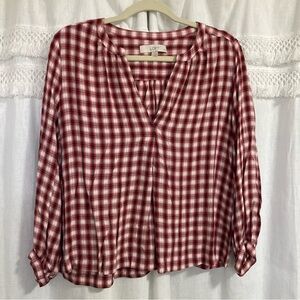 LOFT red white puff sleeve checkered plaid flowy blouse w/split neckline size LP